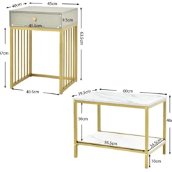 Moderner 2er Set Couchtisch mit Schublade & Regal in Marmoroptikfür Wohn- / Schlafzimmer Weiß + Grau