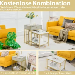 Moderner 2er Set Couchtisch mit Schublade & Regal in Marmoroptikfür Wohn- / Schlafzimmer Weiß + Grau