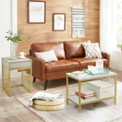 Moderner 2er Set Couchtisch mit Schublade & Regal in Marmoroptikfür Wohn- / Schlafzimmer Weiß + Grau