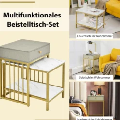 Moderner 2er Set Couchtisch mit Schublade & Regal in Marmoroptikfür Wohn- / Schlafzimmer Weiß + Grau