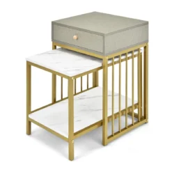 Moderner 2er Set Couchtisch mit Schublade & Regal in Marmoroptikfür Wohn- / Schlafzimmer Weiß + Grau