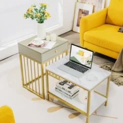 Moderner 2er Set Couchtisch mit Schublade & Regal in Marmoroptikfür Wohn- / Schlafzimmer Weiß + Grau