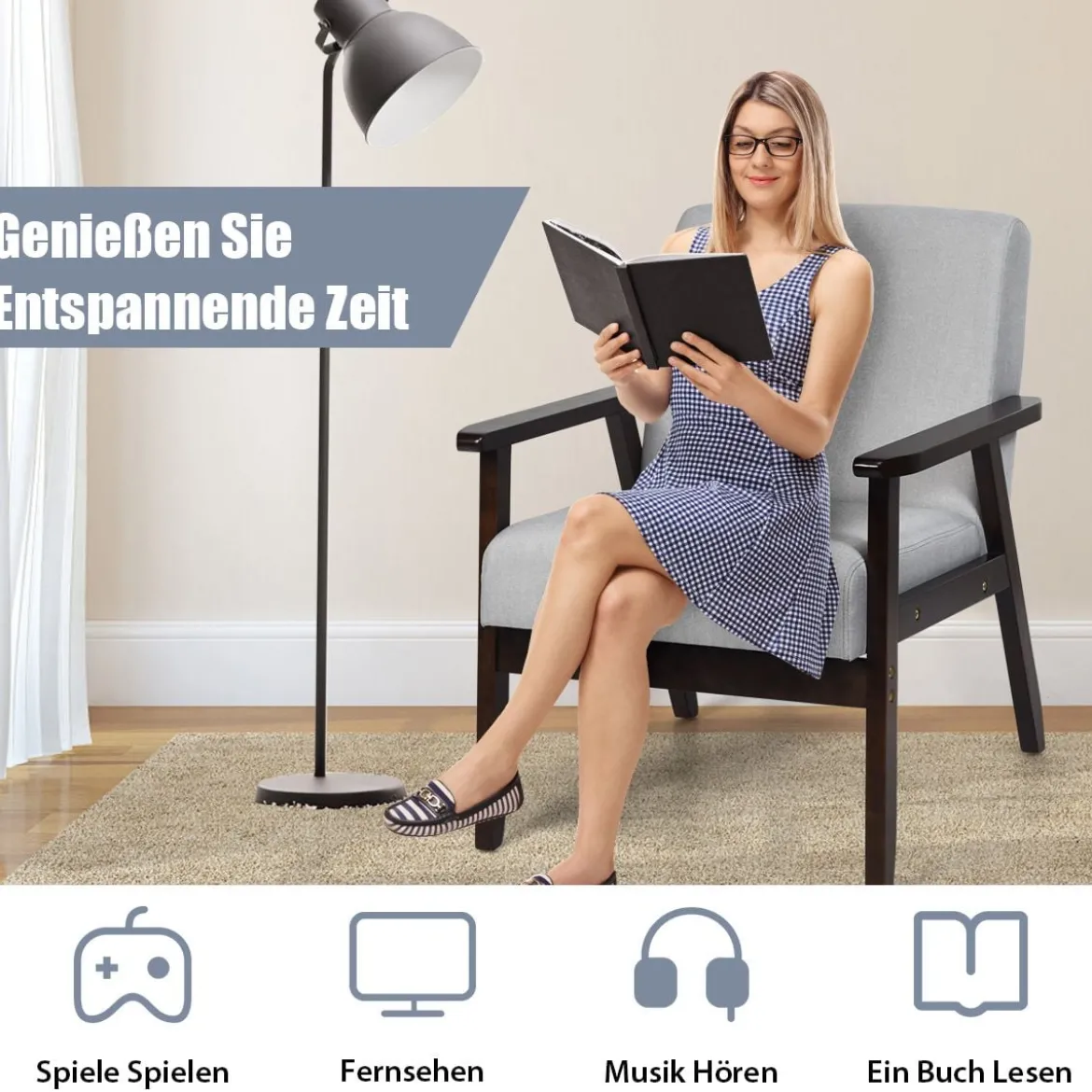 Moderner Esszimmerstuhl gepolsterter Akzentstuhl mit Beinen aus Kautschukholz Hellgrau
