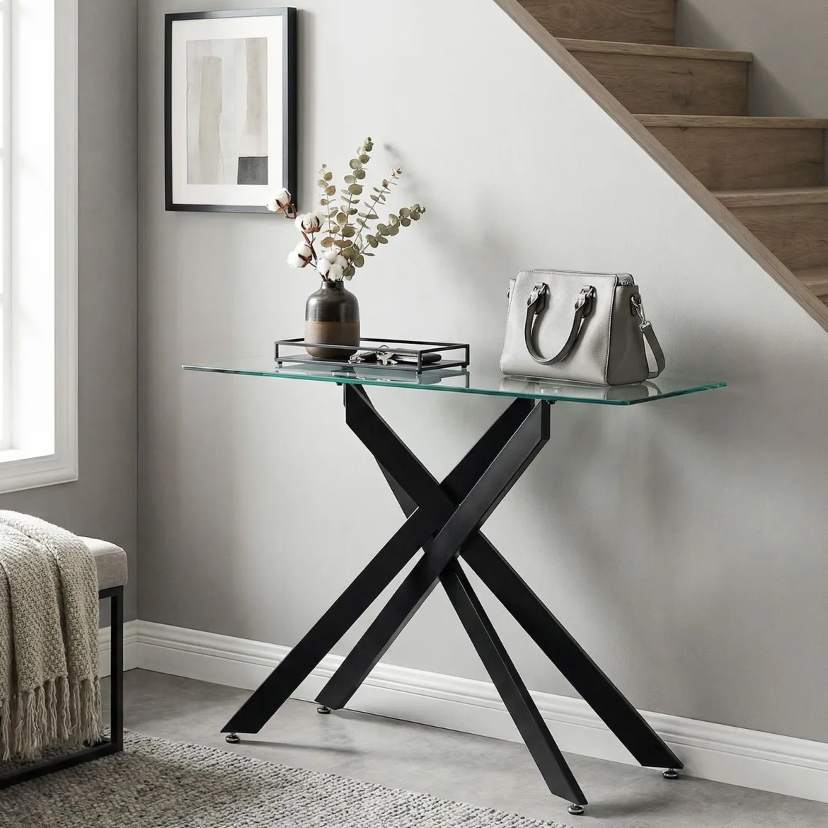 Moderner Glastisch mit Klarem Hartglastischplatte & Robusten Metalbeinen Konsolentisch Schwarz