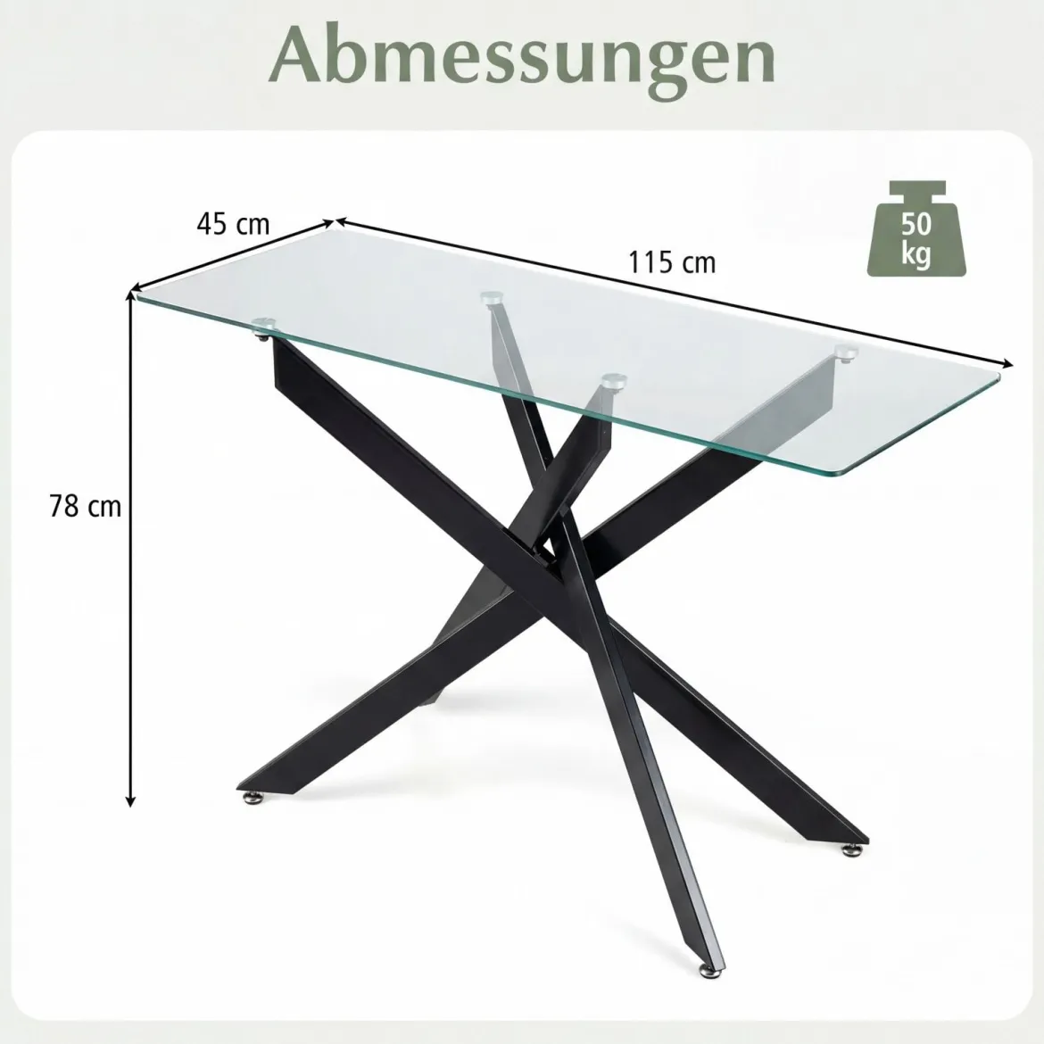 Moderner Glastisch mit Klarem Hartglastischplatte & Robusten Metalbeinen Konsolentisch Schwarz