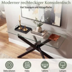 Moderner Glastisch mit Klarem Hartglastischplatte & Robusten Metalbeinen Konsolentisch Schwarz