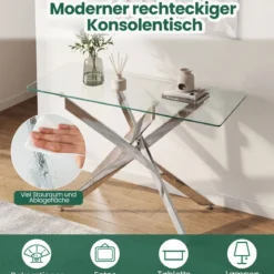 Moderner Glastisch mit Klarem Hartglastischplatte & Robusten Metalbeinen Konsolentisch Silber