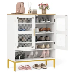 Moderner Holz Schuhschrank mit Mesh Türen & Metallbeinen & Verstellbaren Regalen Weiß