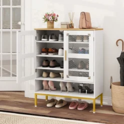 Moderner Holz Schuhschrank mit Mesh Türen & Metallbeinen & Verstellbaren Regalen Weiß