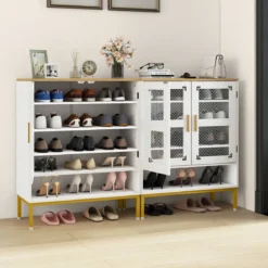 Moderner Holz Schuhschrank mit Mesh Türen & Metallbeinen & Verstellbaren Regalen Weiß