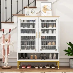 Moderner Holz Schuhschrank mit Maschentüren & Verstellbaren Regalen & Metallbeinen Weiß