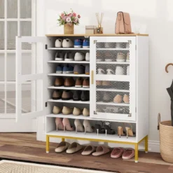 Moderner Holz Schuhschrank mit Maschentüren & Verstellbaren Regalen & Metallbeinen Weiß