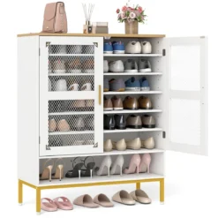 Moderner Holz Schuhschrank mit Maschentüren & Verstellbaren Regalen & Metallbeinen Weiß