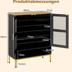 Moderner Holz Schuhschrank mit Maschentüren & Verstellbaren Regalen & Metallbeinen Schwarz