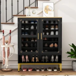 Moderner Holz Schuhschrank mit Maschentüren & Verstellbaren Regalen & Metallbeinen Schwarz