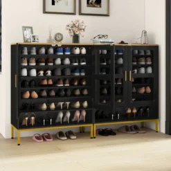Moderner Holz Schuhschrank mit Maschentüren & Verstellbaren Regalen & Metallbeinen Schwarz