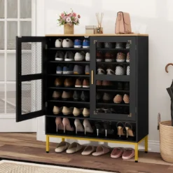Moderner Holz Schuhschrank mit Maschentüren & Verstellbaren Regalen & Metallbeinen Schwarz