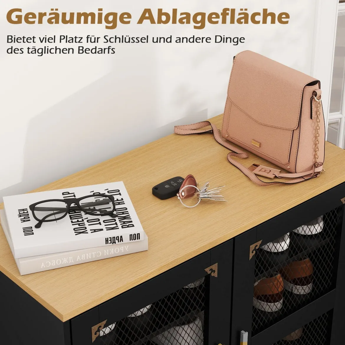 Moderner Holz Schuhschrank mit Mesh Türen & Metallbeinen & Verstellbaren Regalen Schwarz