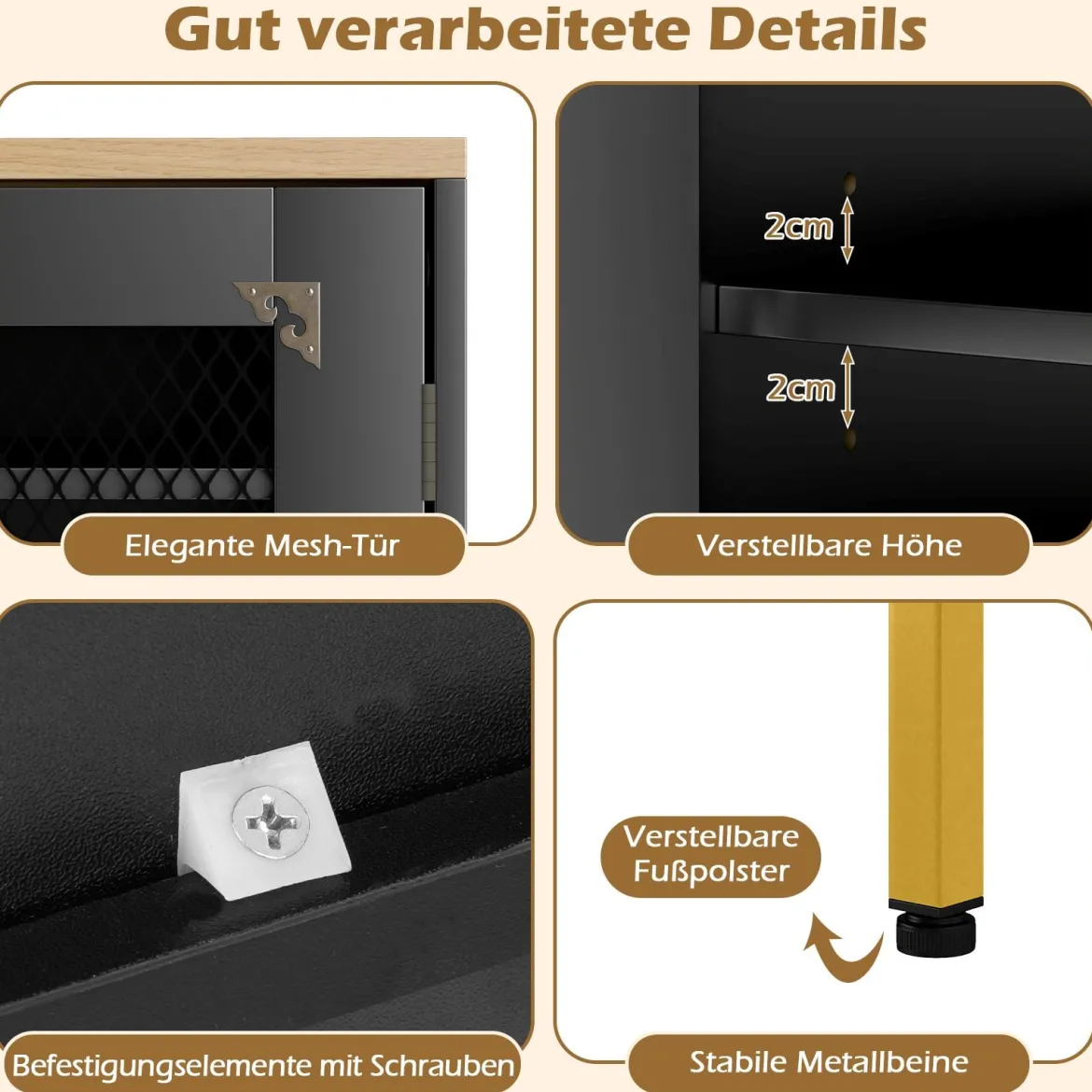 Moderner Holz Schuhschrank mit Mesh Türen & Metallbeinen & Verstellbaren Regalen Schwarz