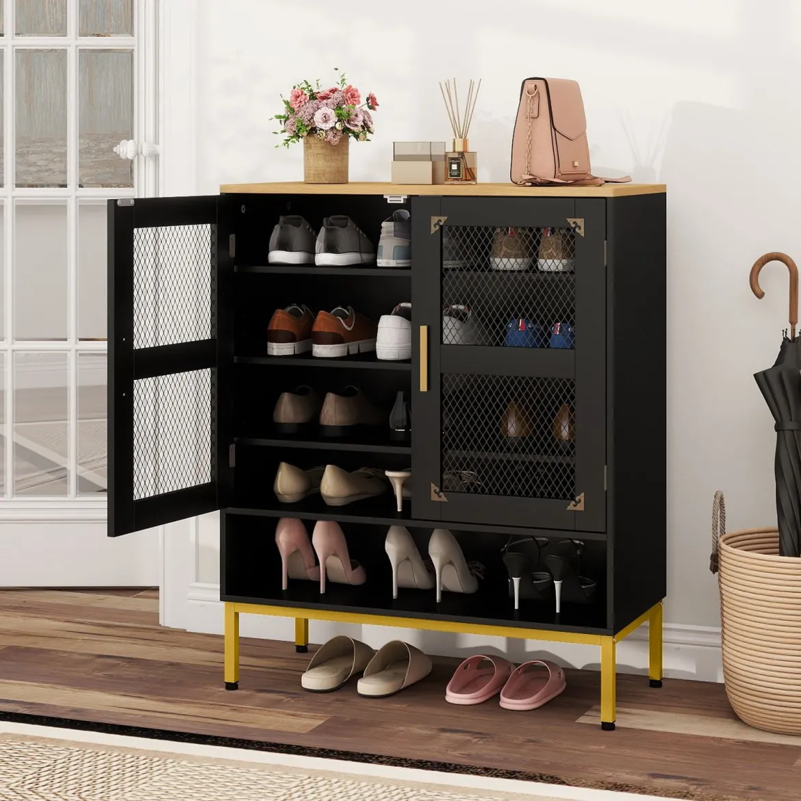 Moderner Holz Schuhschrank mit Mesh Türen & Metallbeinen & Verstellbaren Regalen Schwarz