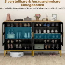 Moderner Holz Schuhschrank mit Mesh Türen & Metallbeinen & Verstellbaren Regalen Schwarz