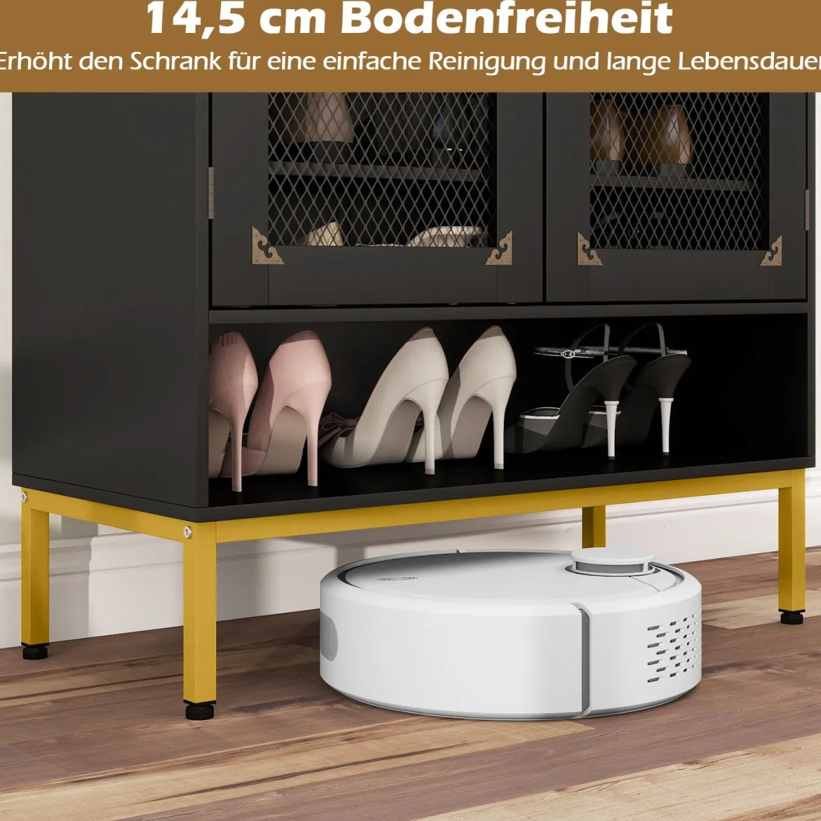 Moderner Holz Schuhschrank mit Mesh Türen & Metallbeinen & Verstellbaren Regalen Schwarz