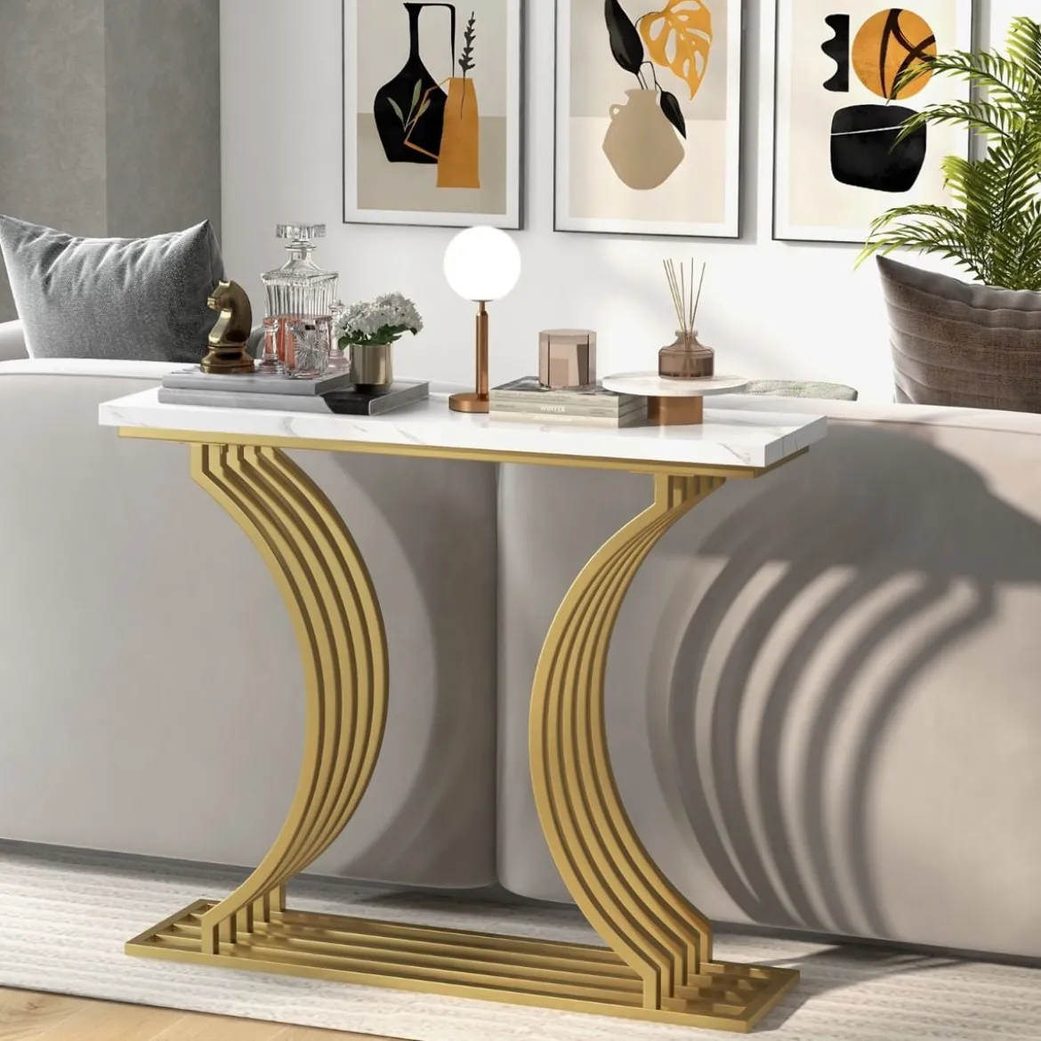 Moderner Konsolentisch mit Weißer Kunstmarmor Tischplatte & Geometrischen Metallbeinen Eingangstisch