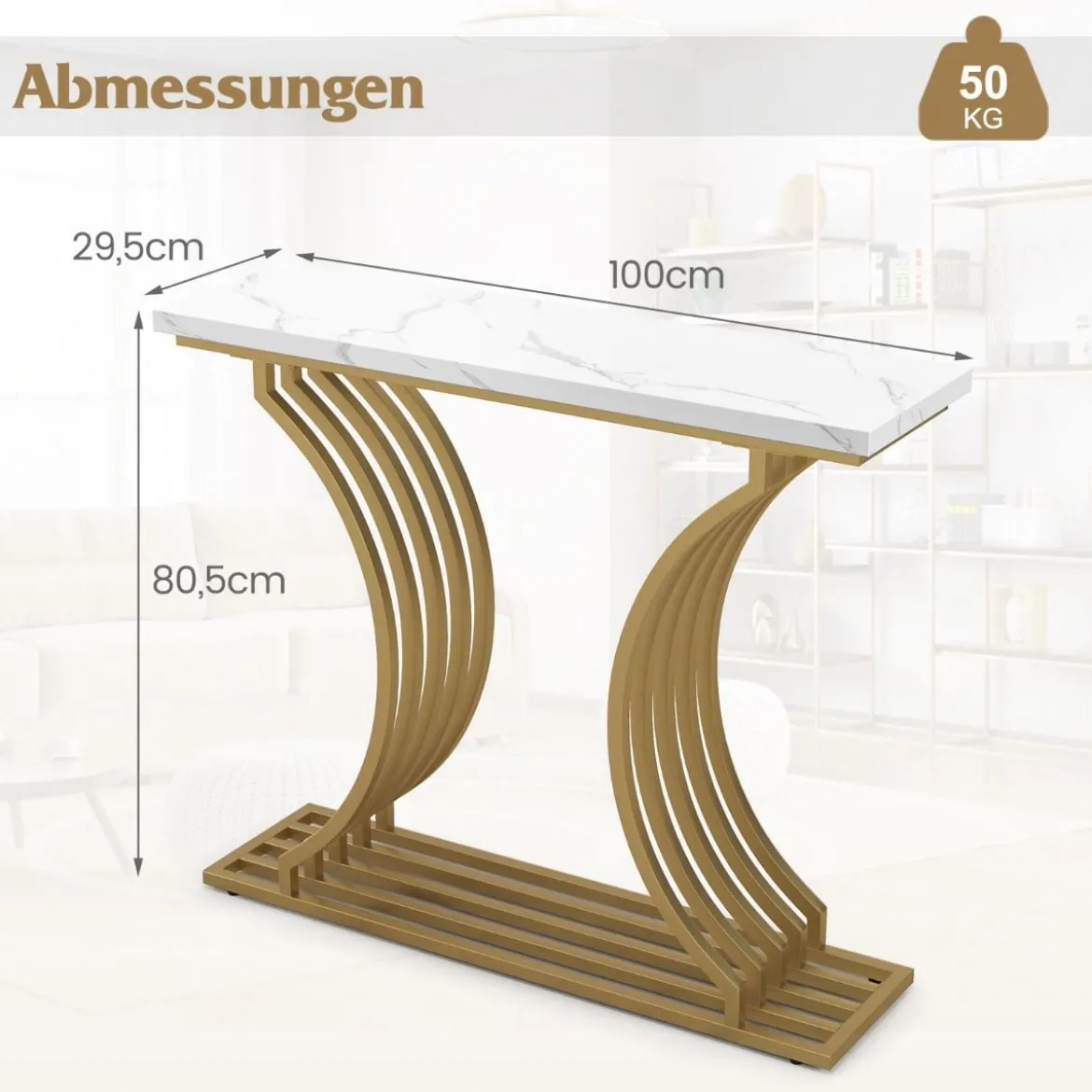 Moderner Konsolentisch mit Weißer Kunstmarmor Tischplatte & Geometrischen Metallbeinen Eingangstisch