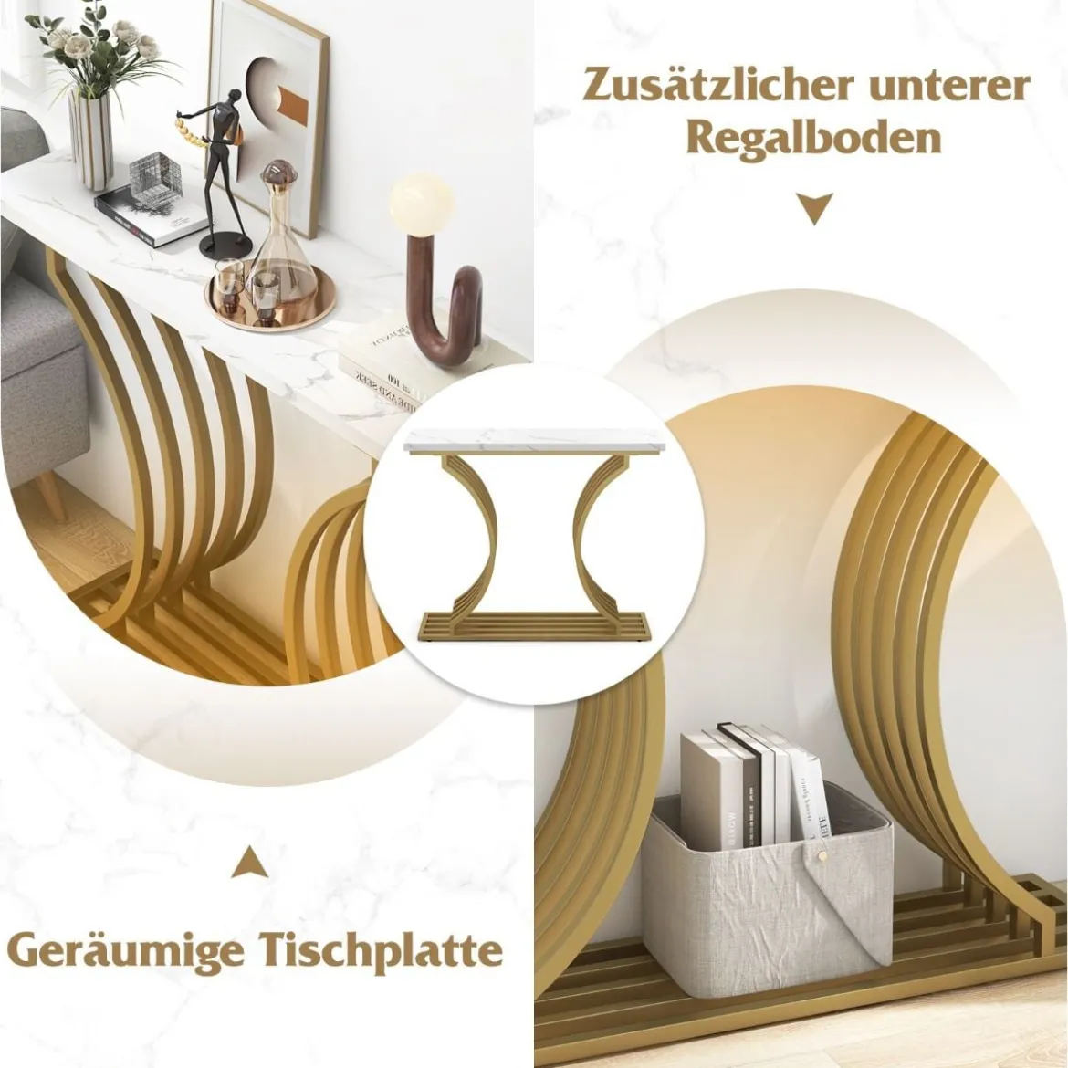 Moderner Konsolentisch mit Weißer Kunstmarmor Tischplatte & Geometrischen Metallbeinen Eingangstisch