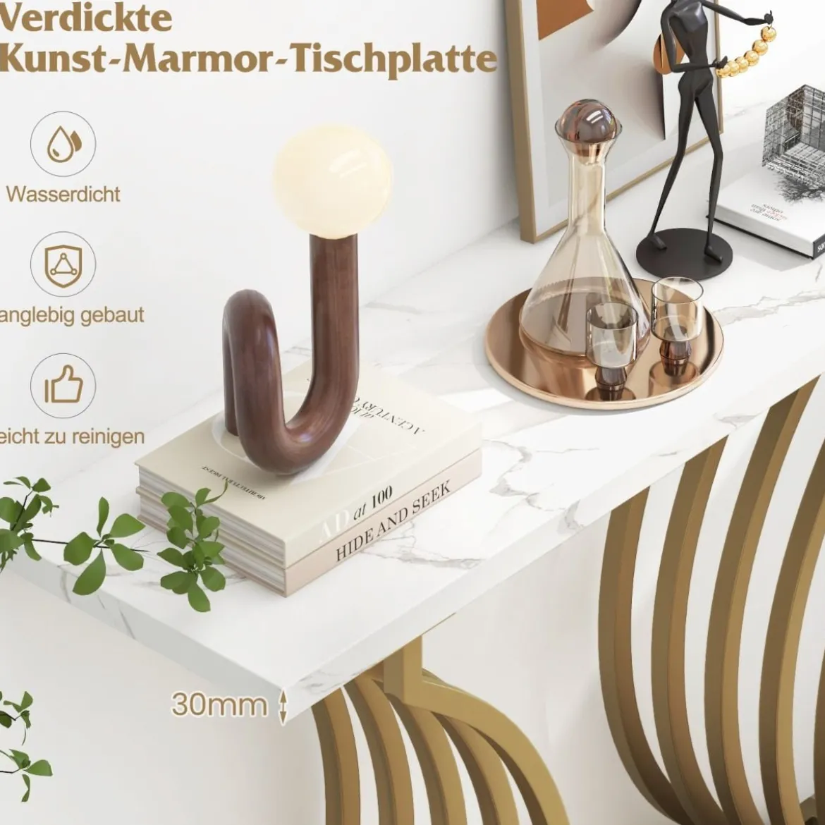 Moderner Konsolentisch mit Weißer Kunstmarmor Tischplatte & Geometrischen Metallbeinen Eingangstisch