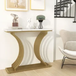 Moderner Konsolentisch mit Weißer Kunstmarmor Tischplatte & Geometrischen Metallbeinen Eingangstisch