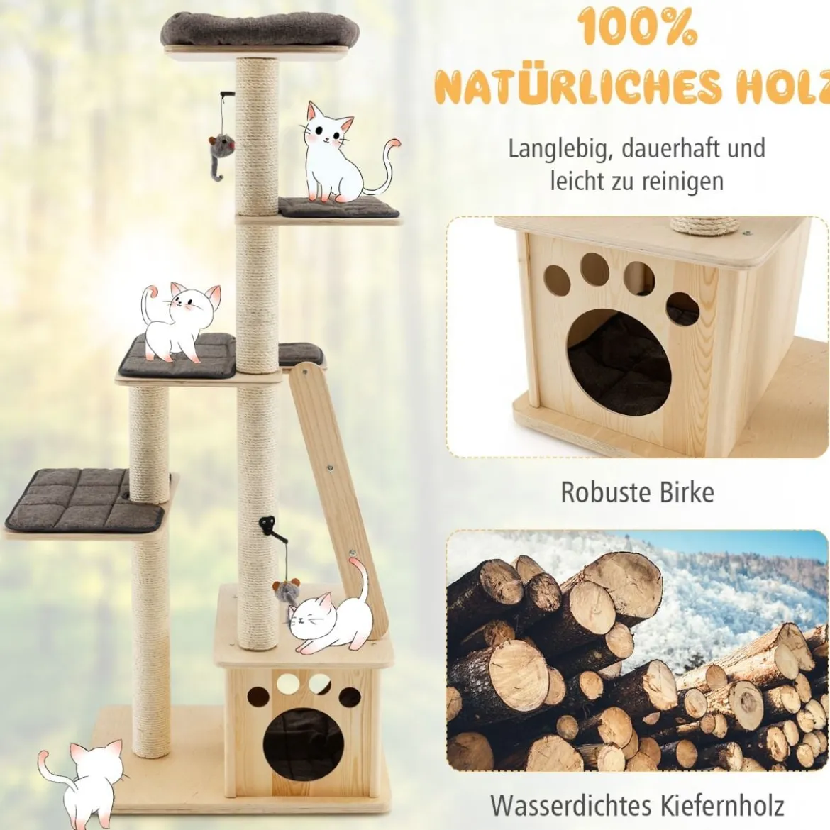 Moderner Kratzbaum aus Holz mit Katzenhaus & Spielzeugball & Rampe 70 x 50 x 169 cm Beige