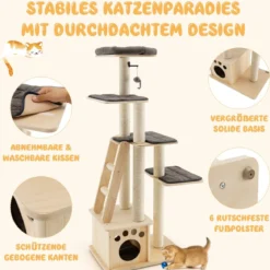 Moderner Kratzbaum aus Holz mit Katzenhaus & Spielzeugball & Rampe 70 x 50 x 169 cm Beige