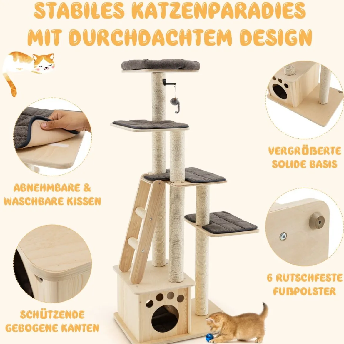 Moderner Kratzbaum aus Holz mit Katzenhaus & Spielzeugball & Rampe 70 x 50 x 169 cm Beige