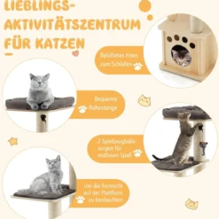 Moderner Kratzbaum aus Holz mit Katzenhaus & Spielzeugball & Rampe 70 x 50 x 169 cm Beige