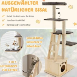 Moderner Kratzbaum aus Holz mit Katzenhaus & Spielzeugball & Rampe 70 x 50 x 169 cm Beige