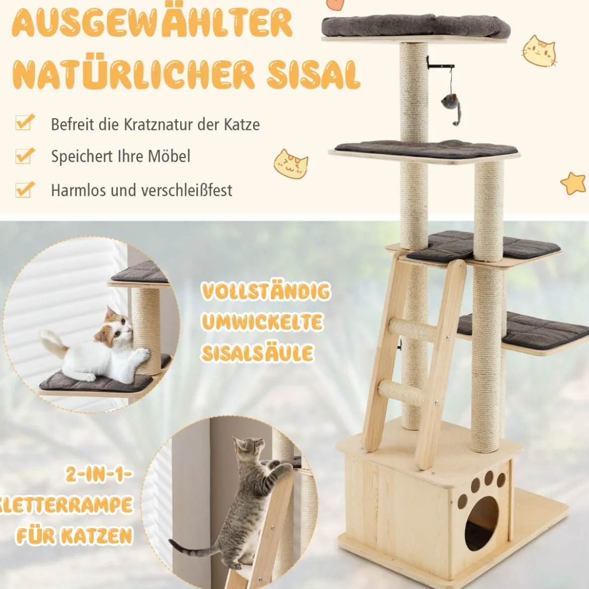Moderner Kratzbaum aus Holz mit Katzenhaus & Spielzeugball & Rampe 70 x 50 x 169 cm Beige