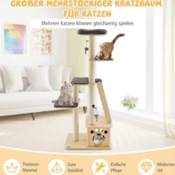 Moderner Kratzbaum aus Holz mit Katzenhaus & Spielzeugball & Rampe 70 x 50 x 169 cm Beige