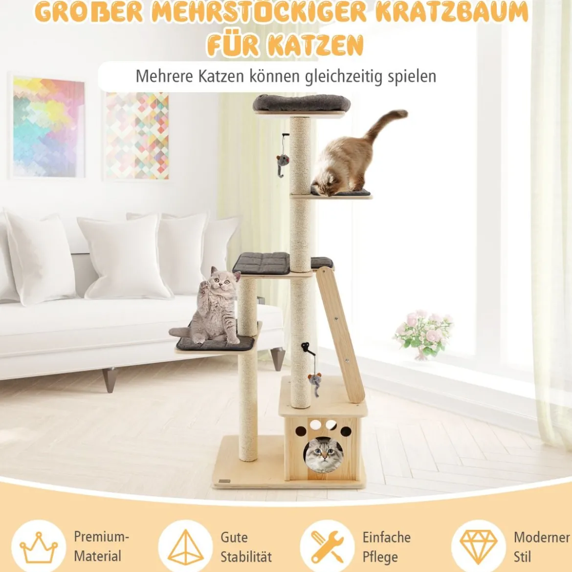 Moderner Kratzbaum aus Holz mit Katzenhaus & Spielzeugball & Rampe 70 x 50 x 169 cm Beige
