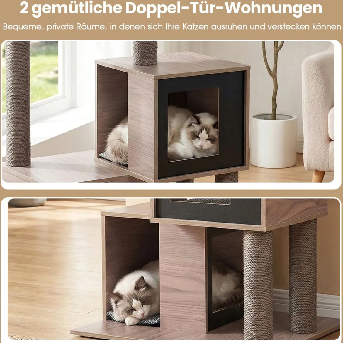 Moderner Kratzbaum für Innenkatzen 94 cm mehrstöckiger Holzturm mit Sisal-Kratzpfosten Grau