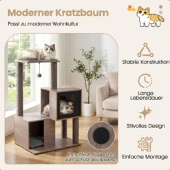 Moderner Kratzbaum für Innenkatzen 94 cm mehrstöckiger Holzturm mit Sisal-Kratzpfosten Grau