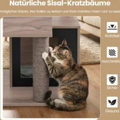 Moderner Kratzbaum für Innenkatzen 94 cm mehrstöckiger Holzturm mit Sisal-Kratzpfosten Grau
