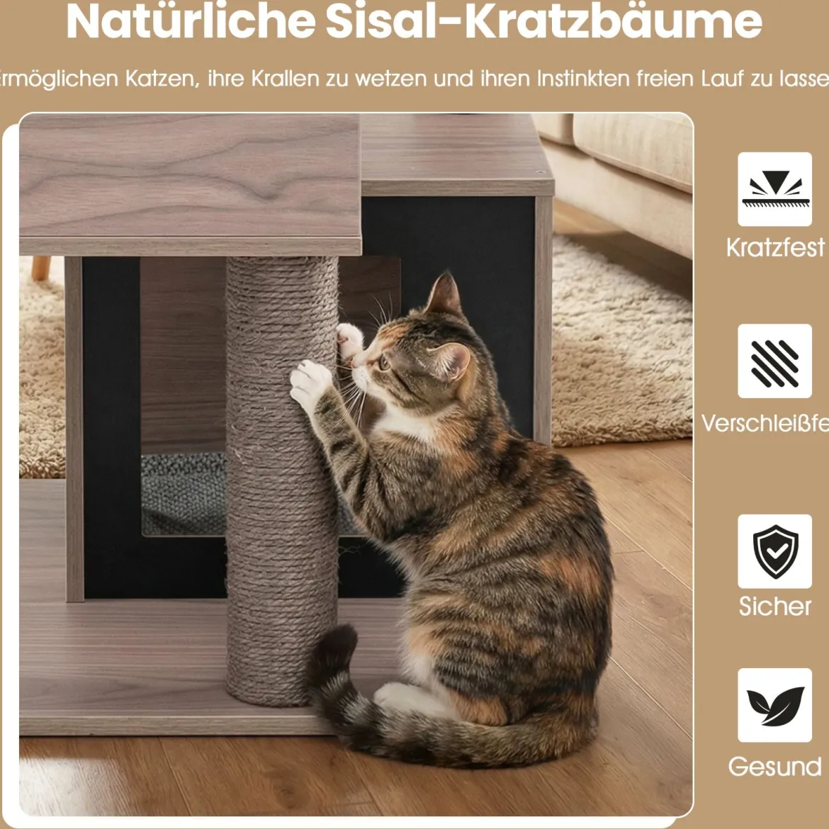 Moderner Kratzbaum für Innenkatzen 94 cm mehrstöckiger Holzturm mit Sisal-Kratzpfosten Grau