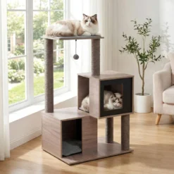 Moderner Kratzbaum für Innenkatzen 94 cm mehrstöckiger Holzturm mit Sisal-Kratzpfosten Grau