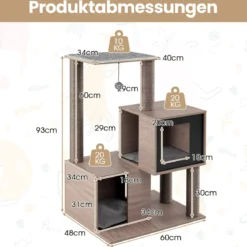 Moderner Kratzbaum für Innenkatzen 94 cm mehrstöckiger Holzturm mit Sisal-Kratzpfosten Grau