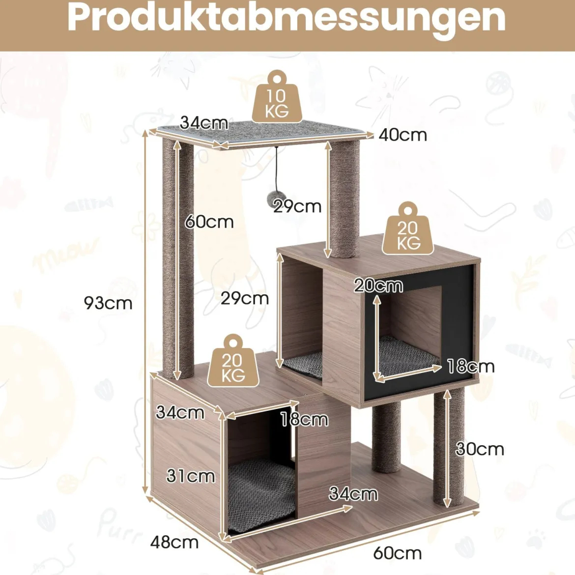 Moderner Kratzbaum für Innenkatzen 94 cm mehrstöckiger Holzturm mit Sisal-Kratzpfosten Grau