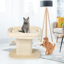 Moderner Kratzbaum Katzenmöbel mit großer Plüschsitzfläche & Sisal-Kratzplatte Beige