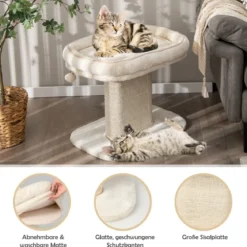Moderner Kratzbaum Katzenmöbel mit großer Plüschsitzfläche & Sisal-Kratzplatte Beige