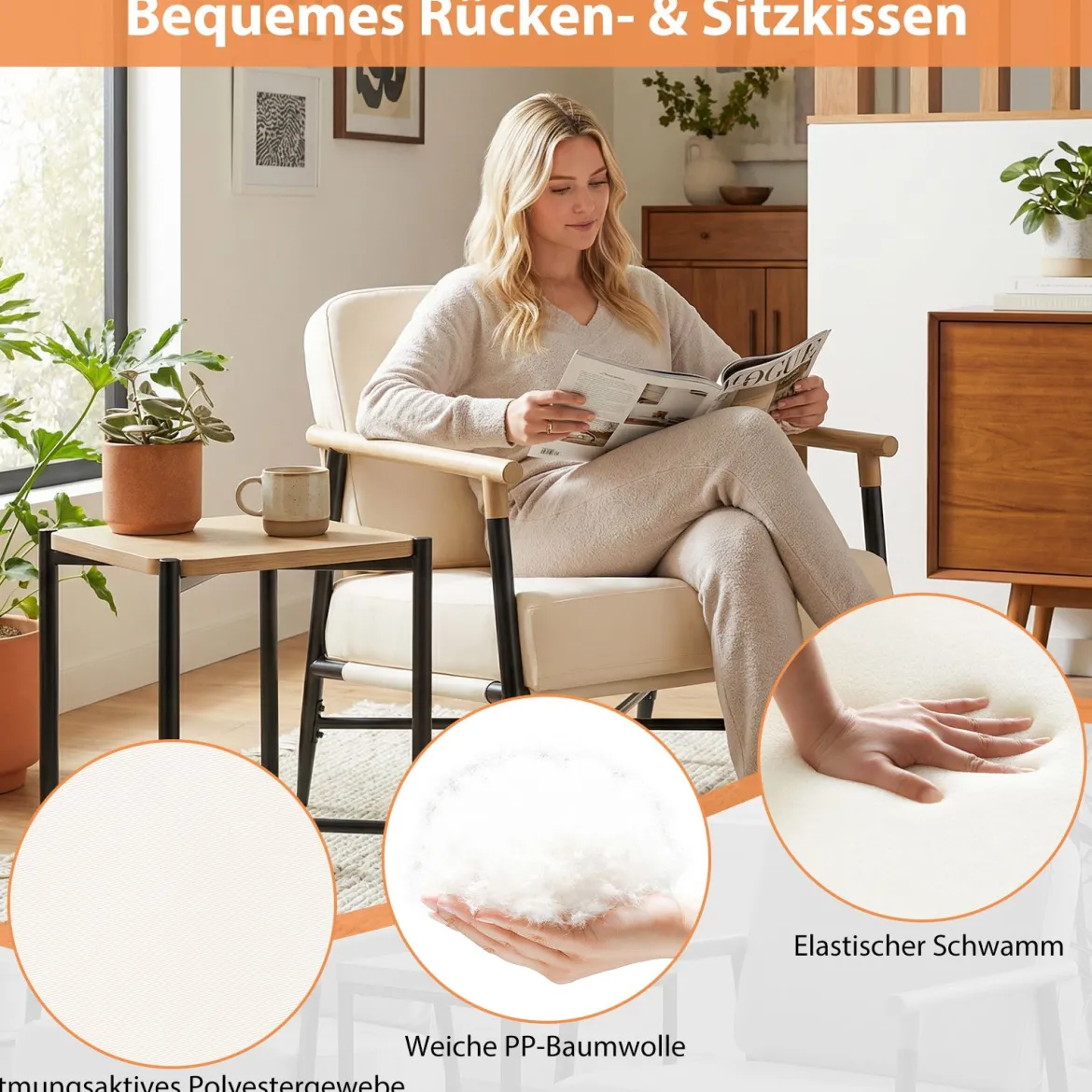 Moderner Loungesessel Polstersessel mit Abnehmbaren Reißverschlussgesicherten Kissen & Metallrahmen