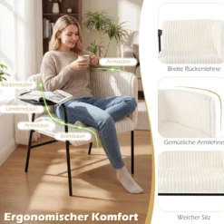 Moderner Loungesofa mit Tablett Cordstoff-polsterter Akzentstuhl Sessel mit stabilem Metallrahmen Beige